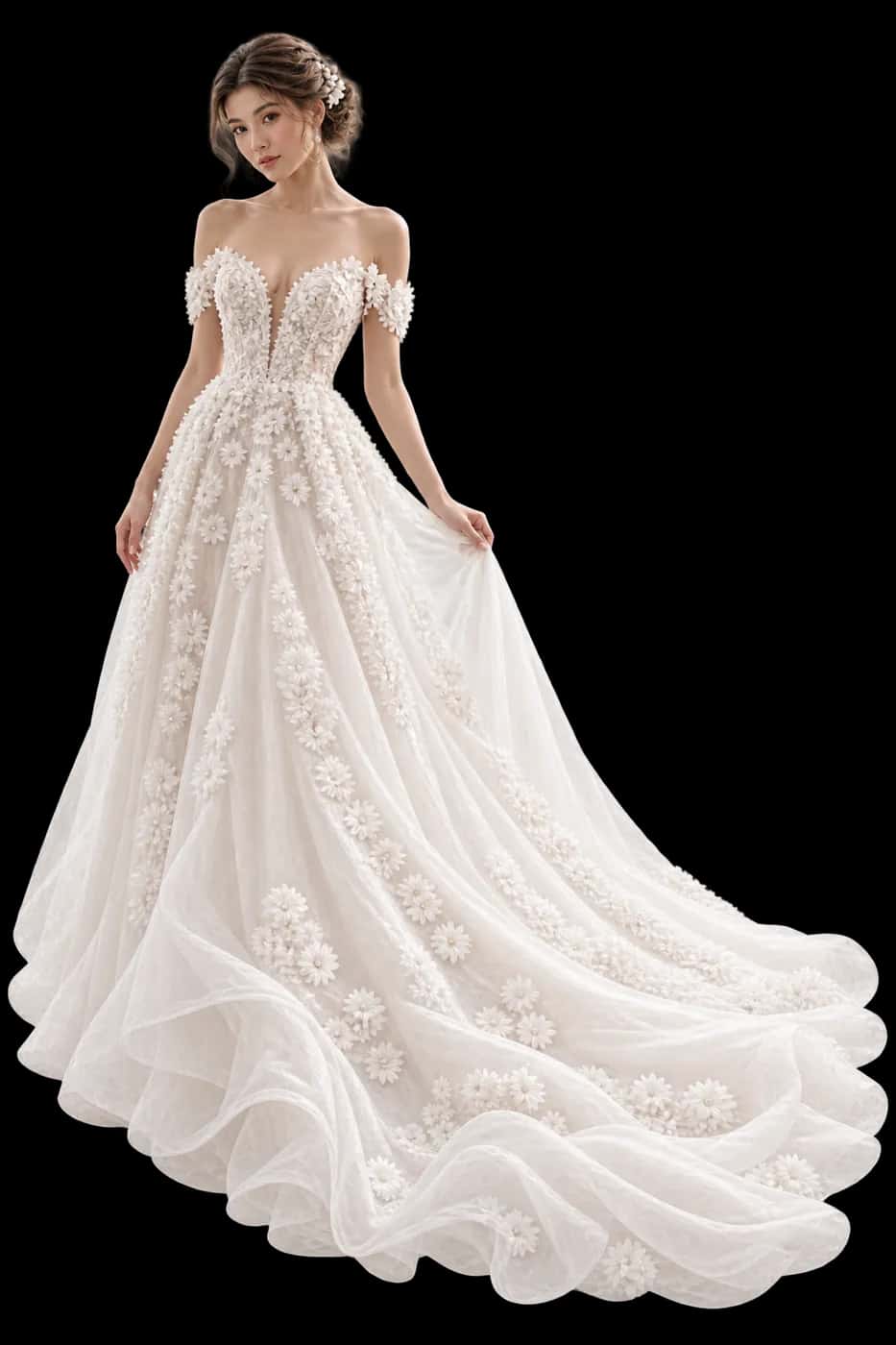 A bride in a floral tulle gown, holding her train
